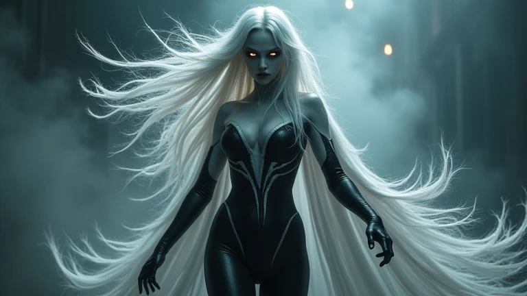 A highly realistic and detailed depiction of Silver Banshee, the supervillain from the DC Universe. She stands confidently in a dramatic pose, her pale, almost ghostly white skin contrasting sharply with her dark, flowing bodysuit that appears torn and bur...