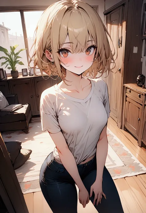 (((best quality))),(((ultra detailed))),(((masterpiece))), 1girl, thin, short blonde hair, small breasts, white tee shirt, tight jeans, brown eyes, warm smile, living room