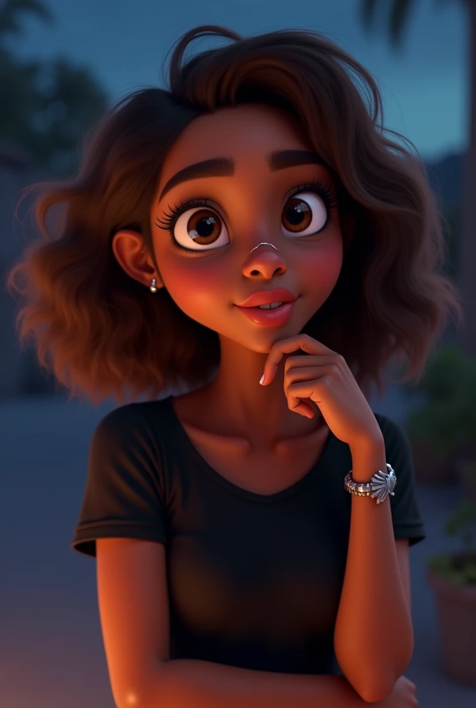   Pixar-style cartoon A half-dark Brazilian woman. Not so thin , Youre not smiling .
Light brown hair
 Short on the shoulder.
 Black band t-shirt
Silver bracelet 
Nose piercing
And ears.
 Smaller brown eyes
Afro traits
At night 