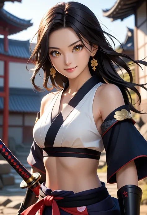 Lovely and adorable, real photo, ultra detailed, fashion photo with lighting, dynamic pose, cute and beautiful Japanese like an idol, upper body shot, photo realistic and cinematic, role-playing game characters, sun-drenched ruins, waist, belly button, loo...