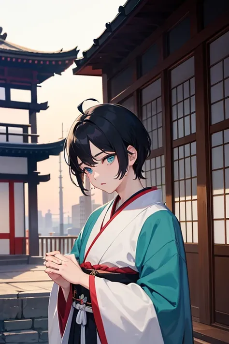  One Beautiful Boy 　Shows up to the waist　Baby Face　 Tall　 black hair　 black hair　boy hairstyle 　 short hair 　Ahoge　 big eyes　Turquoise eyes　Japans Heian aristocrat 　Heian Noble Clothes in Black and White　 inside a sleeping building 