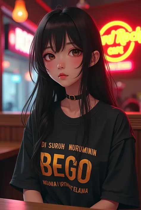  Beautiful Korean girl wearing a t-shirt with the words "di suruh nurunnin ego, malah nurunnin celana, BEGO"1girl, Long Hair, Best Quality, Detail, Damaged, High Details, Quality, background hard rock cafe