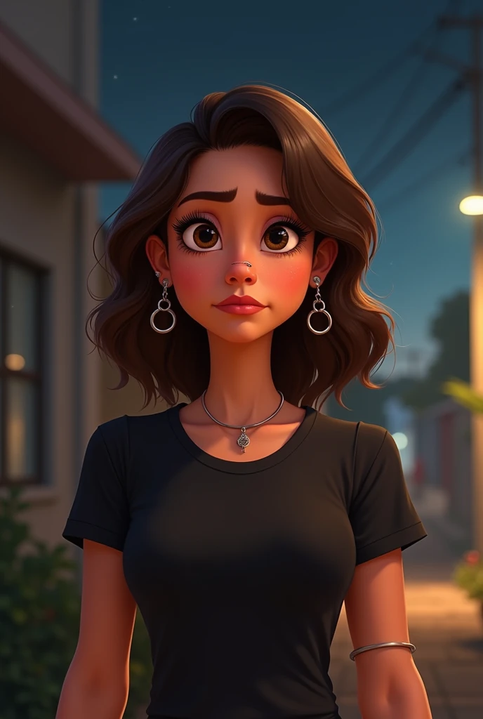   Pixar-style cartoon A half-dark Brazilian woman. Not so thin , Youre not smiling . Shes a 30-year-old teacher.
Light brown hair
 Short on the shoulder.
 Black band t-shirt
Silver bracelet 
Nose piercing
And ears.
Smaller brown eyes

At night