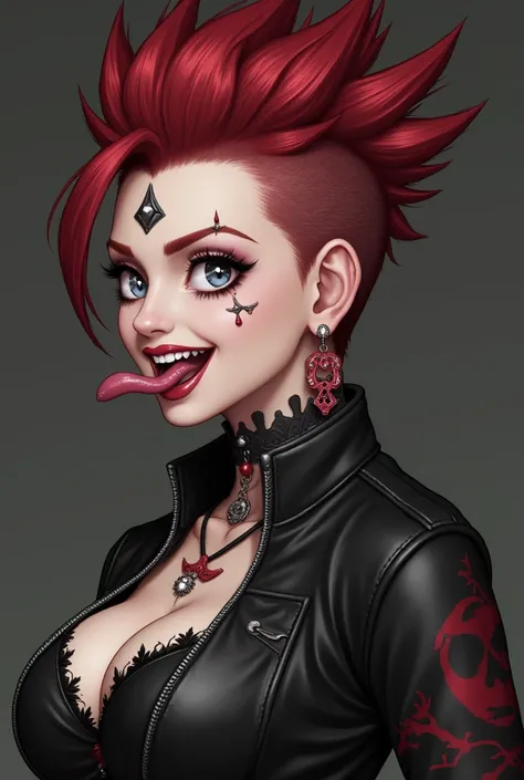  a girl,  Hair ornament , jewelry, necessary,  short hair, Mohawk,  red hait ,  split tongue , piercing, tattoo,Earrings, smile, Tongue out, fangs, Yaeba out, Eye ring,  Snake pupils,  Pulling out the tongue , naughty face, jewelry, Front Mark,  leather ja...