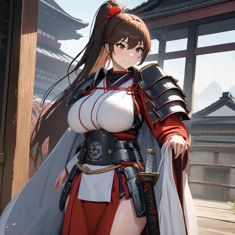 A woman wearing heavy samurai armor, white armor with red trim, samurai metal shoulder pad, white samurai metal boots, long white cape with red trim, holding an unsheathed katana, brown hair, long hair, long ponytail hair, eyes brown, red flower in hair, s...