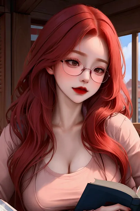 Young red-haired girl teacher long hair glasses athletic body slim waist very large breasts very large buttocks slanted in a public school reading a book to her students uniform open button long pronounced neckline 