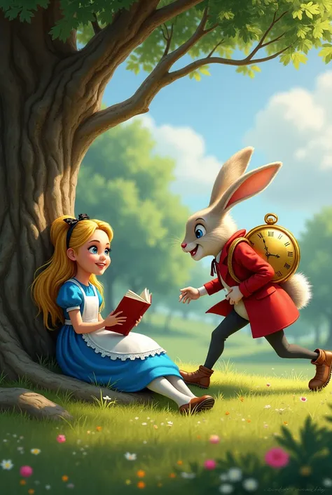     on a summer afternoon,  ALICE WAS RESTING IN THE SHADE OF A TREE ,  WHILE READING A BOOK WITHOUT PICTURES . suddenly, ALICE SAW A MAN , SHE RAN BY . HE HAD RABBIT EARS ,  , WORE A RED JACKET AND CARRIED A HUGE POCKET WATCH..  SHE LOOKED AT THE GOLD WAT...