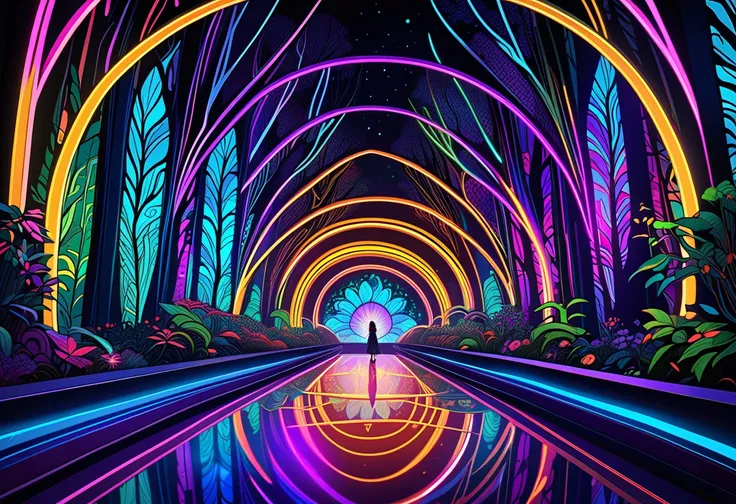 in style of Picasso style
Black Light Art，((masterpiece, best quality)),(illustration),(detailedLight),(Extremely exquisite and beautiful:1.4),Cyberpunk，Neon glows，colourful，an enchanted forest. The trees were tall and twisted, their leaves twinkling like ...