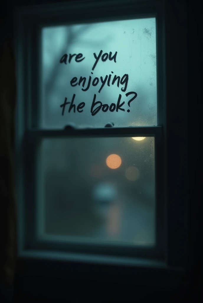  A blurry window with a phrase written in the dust : Are you enjoying the book ?.  The scene is illuminated only by the faint light of the street ,  creating disturbing shadows .  The perspective is from inside the house ,  with the feeling that someone wa...