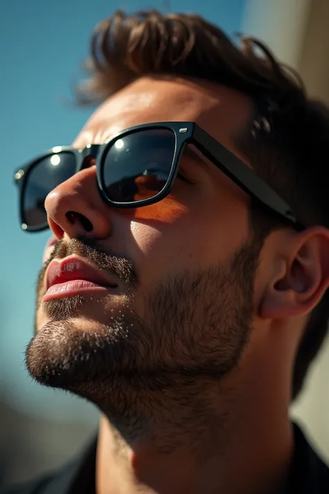 Handsome man wearing sunglasses looking up to the sky Close up photo 