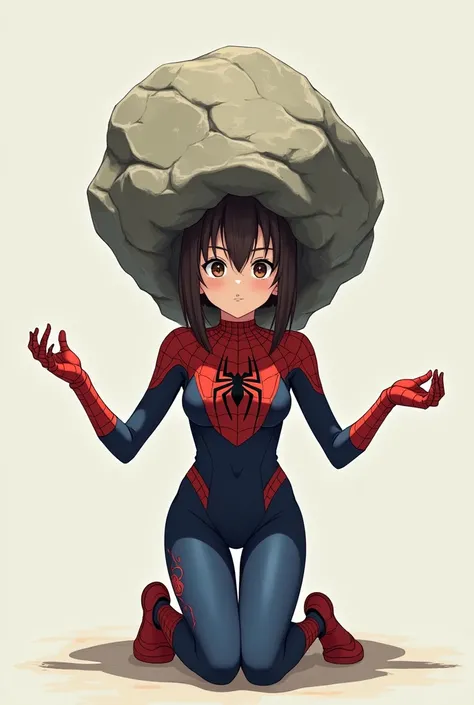 girl, anime, adolescent, Spiderwoman costume , kneeling, with outstretched hands,  costume with a large rock to replace her head