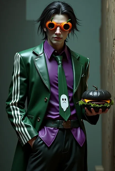 Shinichi sakurai with vampire fangs and dark green leather with purple shirt and green jacket with two white stripes on each sleeve of the hands and orange pumpkin-shaped swimming goggles with black visors hanging around the collar and a green tie with a w...