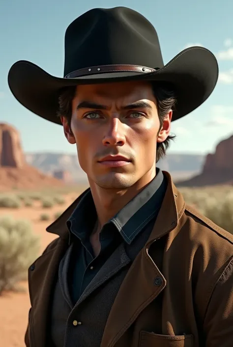 Foto de um homem de 30 anos no beard com cabelo preto,  piercing green eyes, feline look, Perfect face and features,  angelic-looking , well defined jaw,  Wearing a cowboy costume , black hat in a wild west setting (no beard) no beard, realistic
