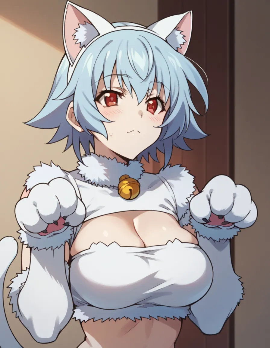 tatehana sarashiki ,  short hair ,  blue hair, red eyes,
cat cosplay　white cat tail　big breasts