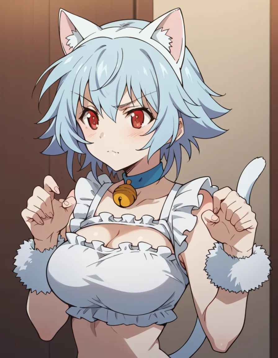 tatehana sarashiki ,  short hair ,  blue hair, red eyes,
cat cosplay　white cat tail　big breasts