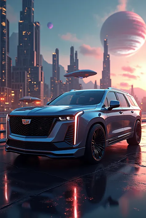 An ultra realistic version of an extremely luxurious Cadillac Escalade with a modern and futuristic design in a space city with planets in the background