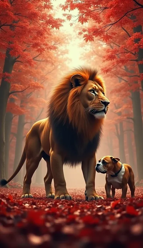 The lion killed the bulldog and there are a lot of trees in front, the color of the tree is red and there are a lot of leaves in front, the color of the bed is also red image