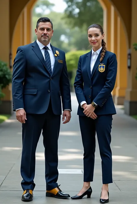 Realistic image of two Brazilian security guards,A 35 year old man, wearing a dark blue suit and tie , with a bracelet written in capital letters C . R E with yellow and black shoes ,  next to him a woman with tied hair wearing a dark blue womens fashion s...