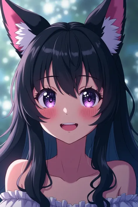  Screenshot of the anime Dandanan,  teenage girl ,  slanted eyes ,  heavenly eyes ,  Long wavy hair with bangs ,  shiny black hair ,  with fangs and fox ears , smiling expression.