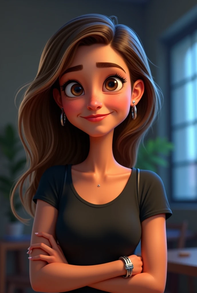   Pixar-style cartoon A half-dark Brazilian woman. Not so thin , Youre not smiling .  Shes a 35-year-old teacher
Light brown hair with .Clear wicks
 Shoulder straps .
 Black band t-shirt
Silver bracelet 
And ears with small rings
Smaller brown eyes

At nig...