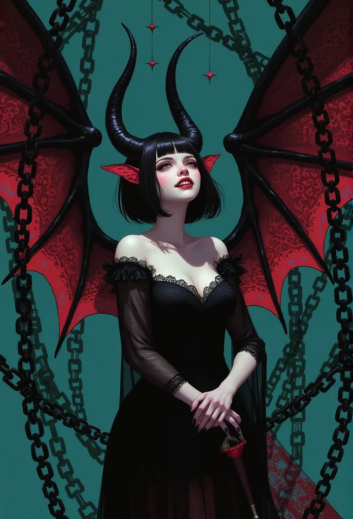 a charming lady , 1 succubus,   with long red teeth and a short black cut with slanted bangs, trumpet,  huge wings ,  she is sur...