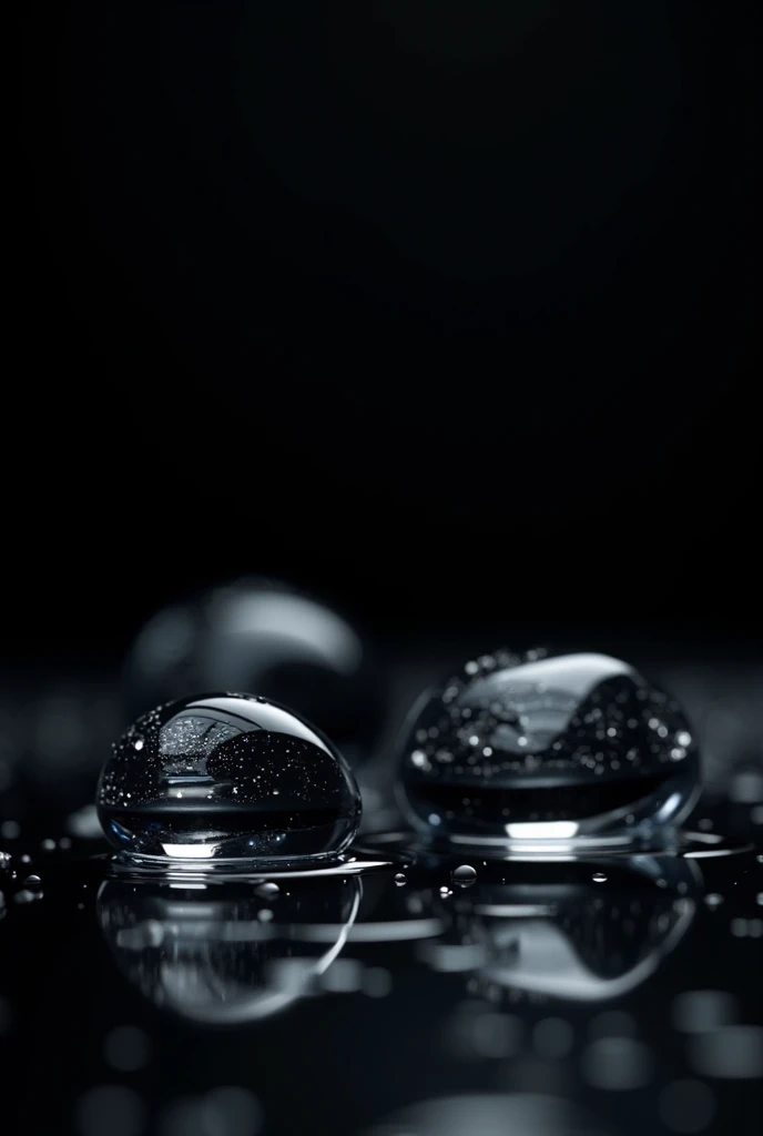 Photo 8k black background ,  with 3d raindrops that reflect the background , Put 4 3d drops in the foreground that reflect the background as well 