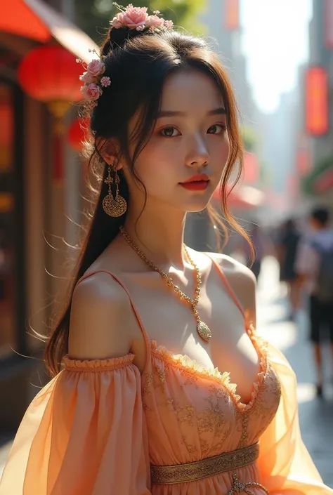 ((high quality, masterpiece:1.4)), 1girl, ((elegant, majestic, beautiful, korean, upper body, street clothes:1.4, pretty face, noon, street background:1.2)), absurdres, high details, intricate, intricate details, sharp focus, screen space reflextions, RTX,...