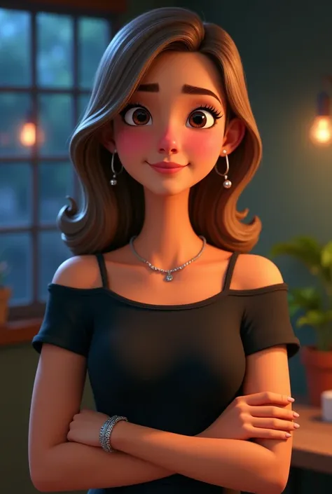   Pixar-style cartoon A half-dark Brazilian woman. Not so thin , Youre not smiling .  Shes a 35-year-old teacher
Light brown hair with .Clear wicks
 Shoulder straps .
 Black band t-shirt
Silver bracelet 
And ears with small rings
Smaller brown eyes

At nig...