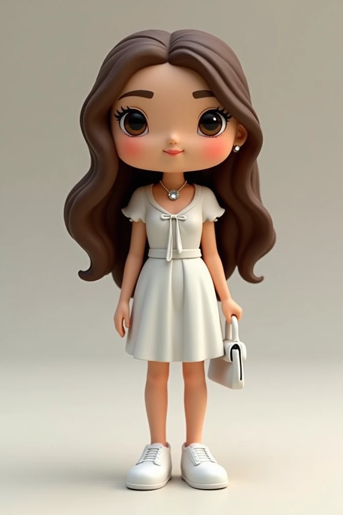  create a funko pop of a girl with long brown hair,  brown eyes ,  with a white skirt and a white tied blouse also ,  that are holding a bag , And be wearing white sneakers ,  that has a diamond necklace ,  but make a real funko pop 