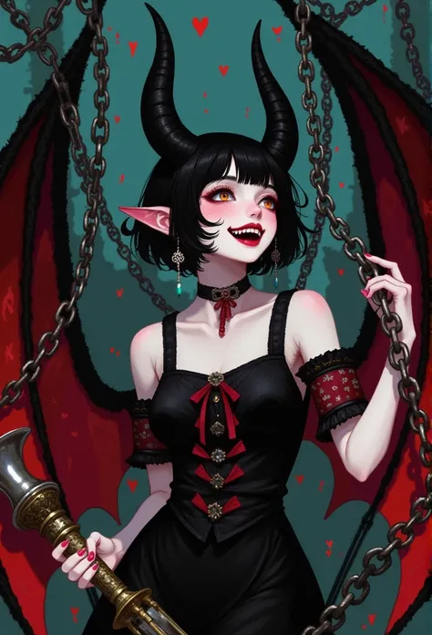  A charming lady , 1 succubus,   with long red teeth and a short black cut with slanted bangs, trumpet,  huge wings ,  She is surrounded by chains  , look up, Charm, Tempting, Smile, Dark fantasy creature ,