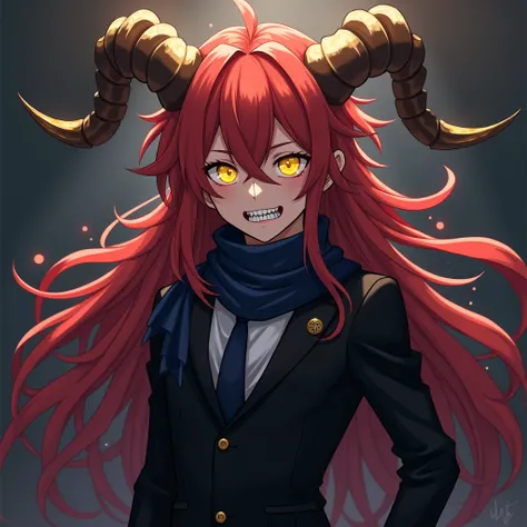 Young adult anime boy , with long red hair with golden horns and yellow eyes dressed in a black suit and a dark blue scarf, with a huge scorpion tail, with a mouth with large teeth ,