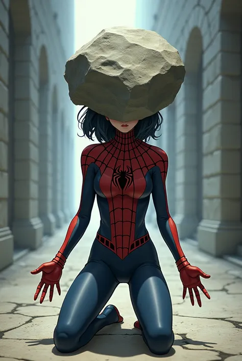 girl, anime, adolescent, Spiderwoman costume , kneeling, with outstretched hands,  costume with a large rock to replace her head, Big Rock completely replaces his head, your barley is not visible because a large rock replaces your head 