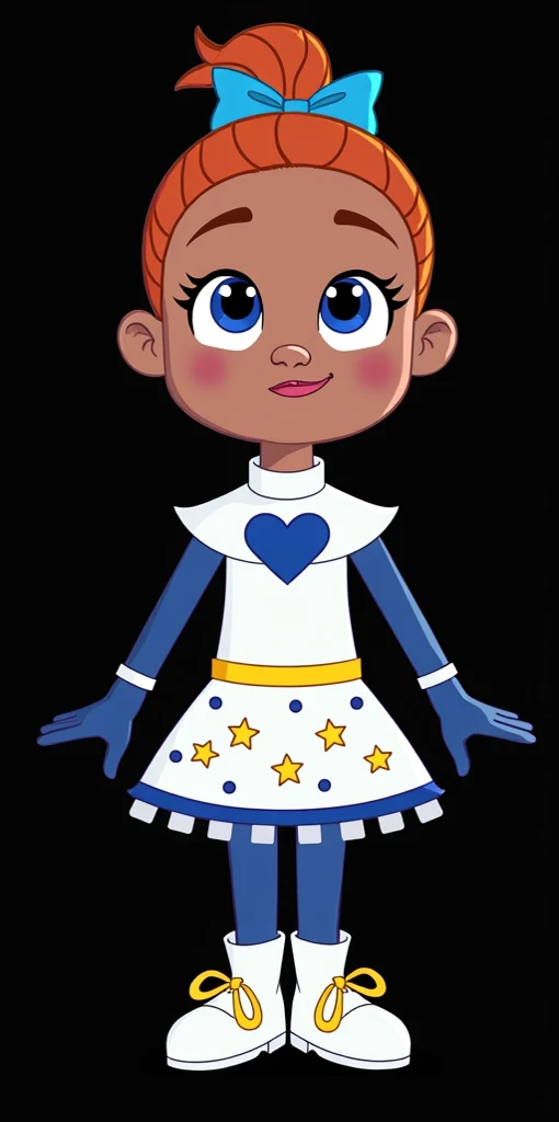 Yarel, pj masks OCs, normal skin, ponytail hair, blue Headbow, white suit with blue heart symbol, Yellow belt, white skirt with star spots sprinkles, white shoes with star laces,