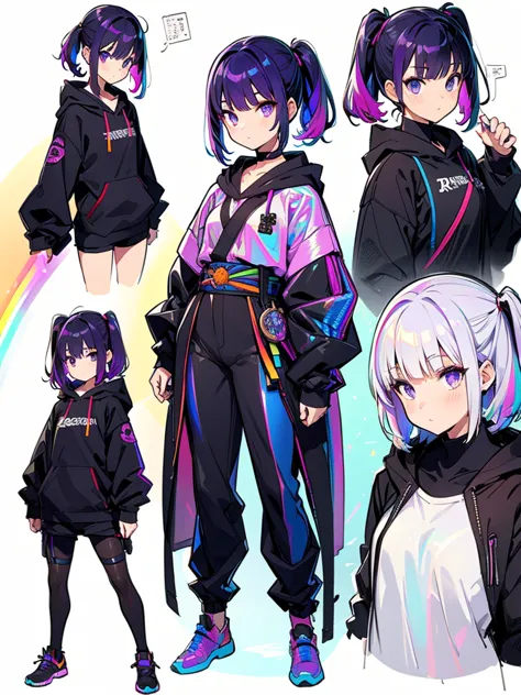 rainbow brilliant light 、(( holographic ))、  black background with spotlight, kishi-v2,  purple hair,  japanese giant beautiful ...