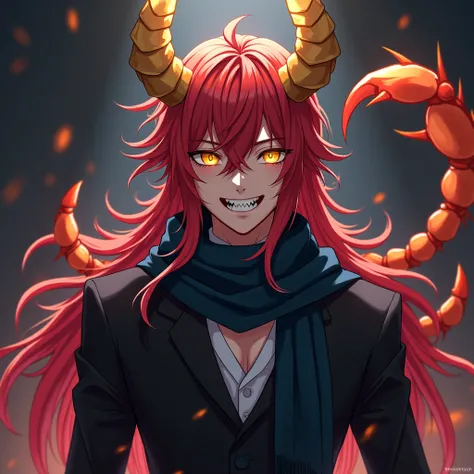 Young adult anime boy , with long red hair with golden horns and yellow eyes dressed in a black suit and a dark blue scarf, with a huge scorpion tail, with a mouth with large teeth ,