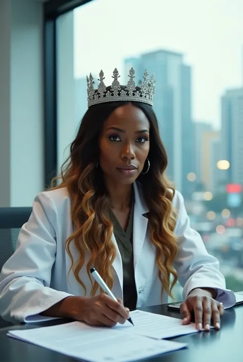 1 girl, solo, black African doctor, serious-looking, jewelled crown,  in her mid-40s, is engrossed in her work. Dressed in a pristine white lab coat,  with long hair extension  full shine deep brown ombre  with highlights  lught gold deep blond [(photoreal...