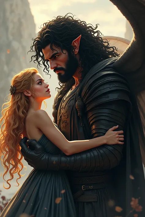 (Anime) a barbaric king, 69" long curly black hair and golden eyes, tanned skin. Wears black. Dragon king. He is holding a short, pale woman with long curly strawberry blonde hair and grey eyes. Medival dress. 