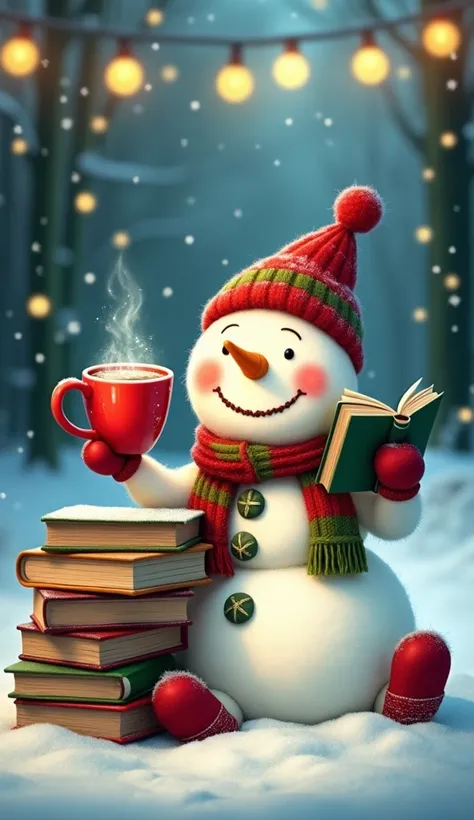 "Cozy Snowman Bookworm": A cheerful snowman with a red and green scarf sitting beside a stack of books, holding an open book in one hand and a steaming cup of hot cocoa in the other, surrounded by twinkling Christmas lights and a snowy forest background.