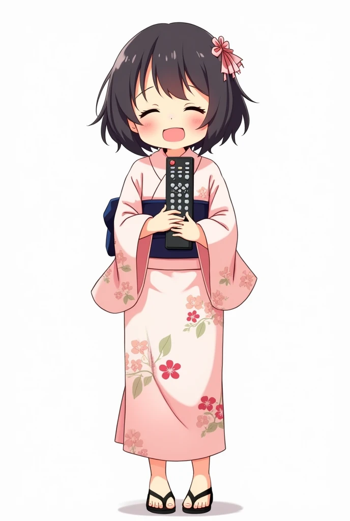 Girl standing in front and her legs and wearing black geta and yukata with flowers anime image with a TV control white background and full body with emotion of joy and embracing the TV control
Presenting control with joy and nervousness on the cheek withou...