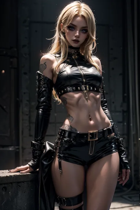 lora_emma, a skinny blonde girl wearing full black shiny and glossy leather outfit, innocent look, studded belts, chains, zipper...