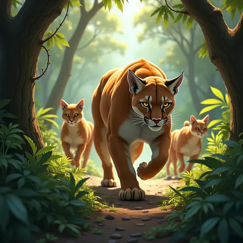 A puma walks in the forest with a group of animals in strong body 