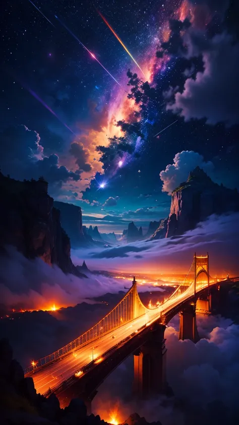 a beautiful, magnificent rainbow bridge in the sky, surrounded by clouds, stars, and a meteor shower, fantasy landscape, dynamic angle, colorful lighting, wide-angle lens, 4k, masterpiece, stunning, exquisite, happy