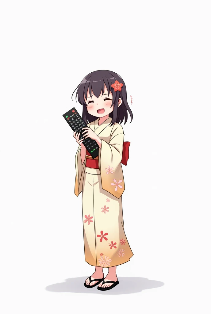 Girl standing in front and her legs and wearing black geta and yukata with flowers anime image with a TV control white background and full body with emotion of joy and embracing the TV control
Presenting control with joy and nervousness on the cheek withou...