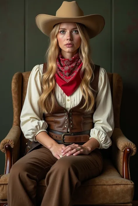 blond woman in cowboy outfit sitting on a chair with a bandana around her neck, a portrait by Galen Dara, trending on reddit, renaissance, westworld style, invisible woman, margot robbie in gta v, rosamund pike as the doctor, cowgirl, in the show westworld...