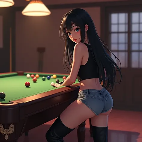  Korean woman UI 24 acts with long long black hair and bangs with blue eyes, textured skin ,  red mouth and medium lashes , defined body.  wears a black top with denim shorts with tall black boots ,   she is in a room tilted from the front with a sexy pose...