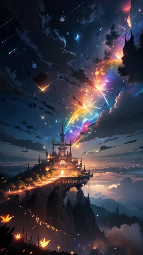 a beautiful, magnificent rainbow bridge in the sky, surrounded by clouds, stars, and a meteor shower, fantasy landscape, dynamic angle, colorful lighting, wide-angle lens, 4k, masterpiece, stunning, exquisite, happy