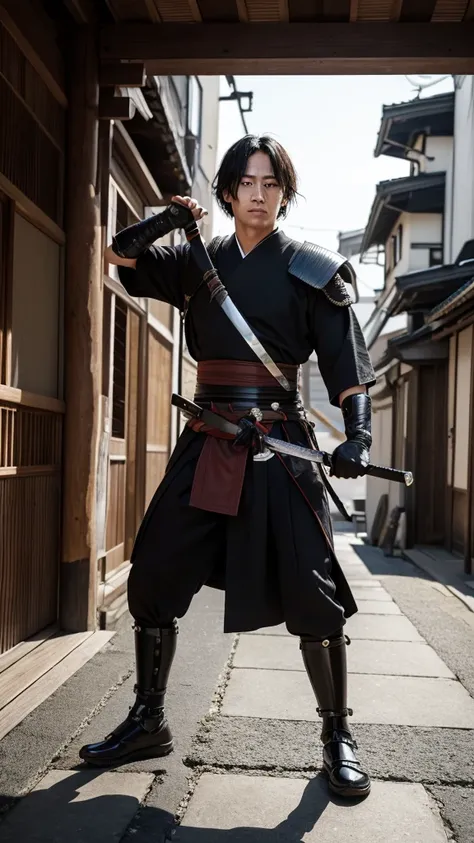 (8k, photograph), ( full body image ,  model body type ), A kendo practitioner holds a sword, Extend your right arm forward, muscle, young,  a wild and attractive Japanese man, Detailed facial sculpt, Disheveled Hair,  samurai,  Future Cities 