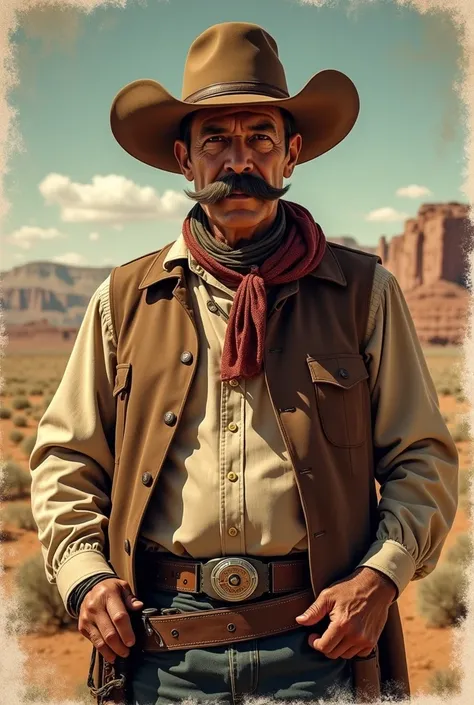  old west cowboy. He has a large mustache , serious face,  he wears a typical cowboy hat and clothes that refer to the style of the 19th century ,  including a leather vest brown over a light shirt and a scarf around the neck.  He carries a firearm on his ...