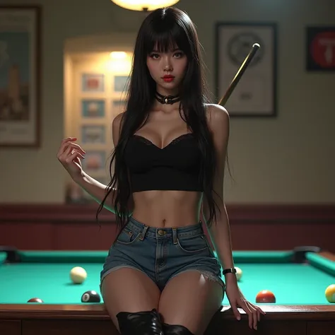  Korean woman UI 24 acts with long long black hair and bangs with blue eyes, textured skin ,  red mouth and medium lashes , defined body.  wears a black top with denim shorts with tall black boots ,   she is in a room tilted from the front with a sexy pose...