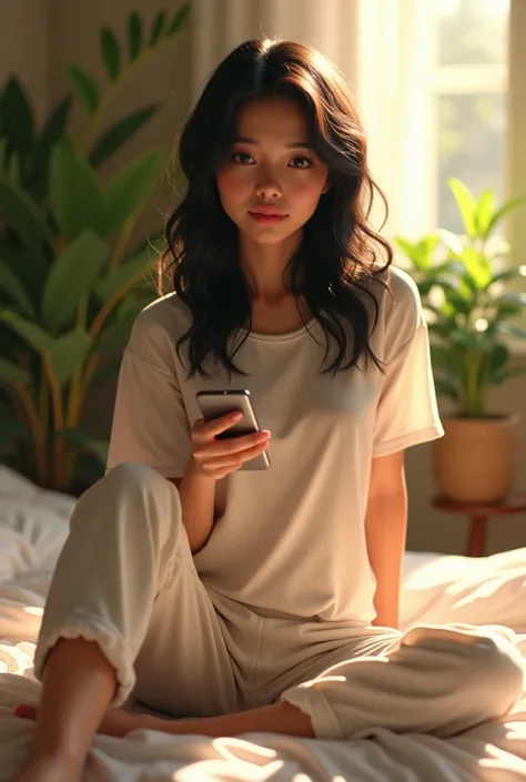 ( photorealism:1.2),  Beautiful Women,  sitting on bed , Wearing a white loose t-shirt , Pajama pants,  wavy black wolf-cut hair , indoor,  soft lighting , Background plants,  sunny window ,  cozy room ,  holding a phone in a relaxed pose, Realistic,  intr...